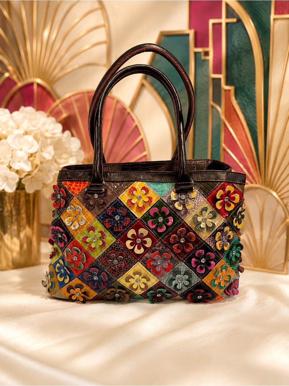 🆕FABULOUS! Multicolor Floral Patchwork Leather Tote Bag